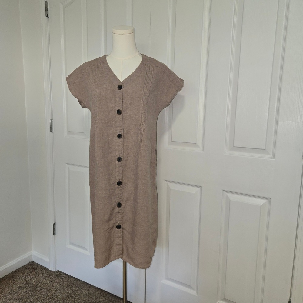 J. Jill Dress Women XS Tan 100% Linen Button Front Pintuck V-Neck Midi WDR237541